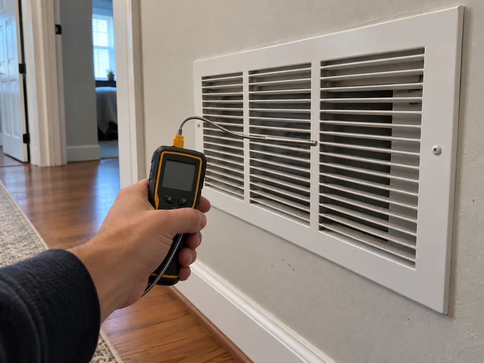 Illustrative air thermometer held outside an accessible supply-air grille