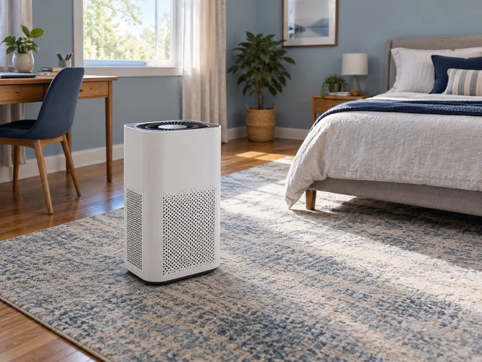 Illustrative bedroom with a portable air purifier placed clear of nearby furniture