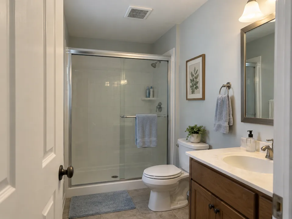 Illustrative bathroom with a ceiling exhaust grille, shower and toilet