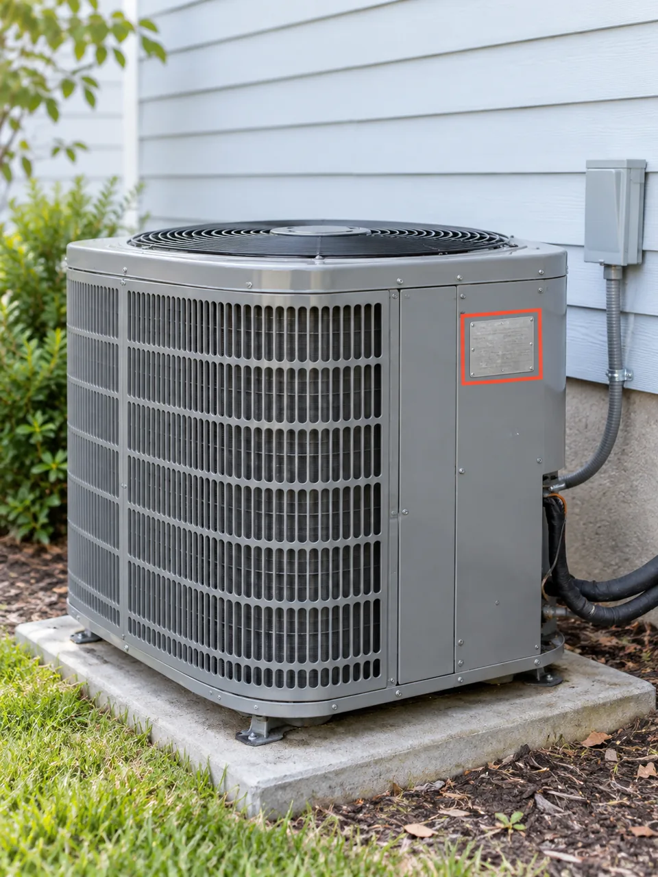 Outdoor HVAC unit with its side rating plate highlighted