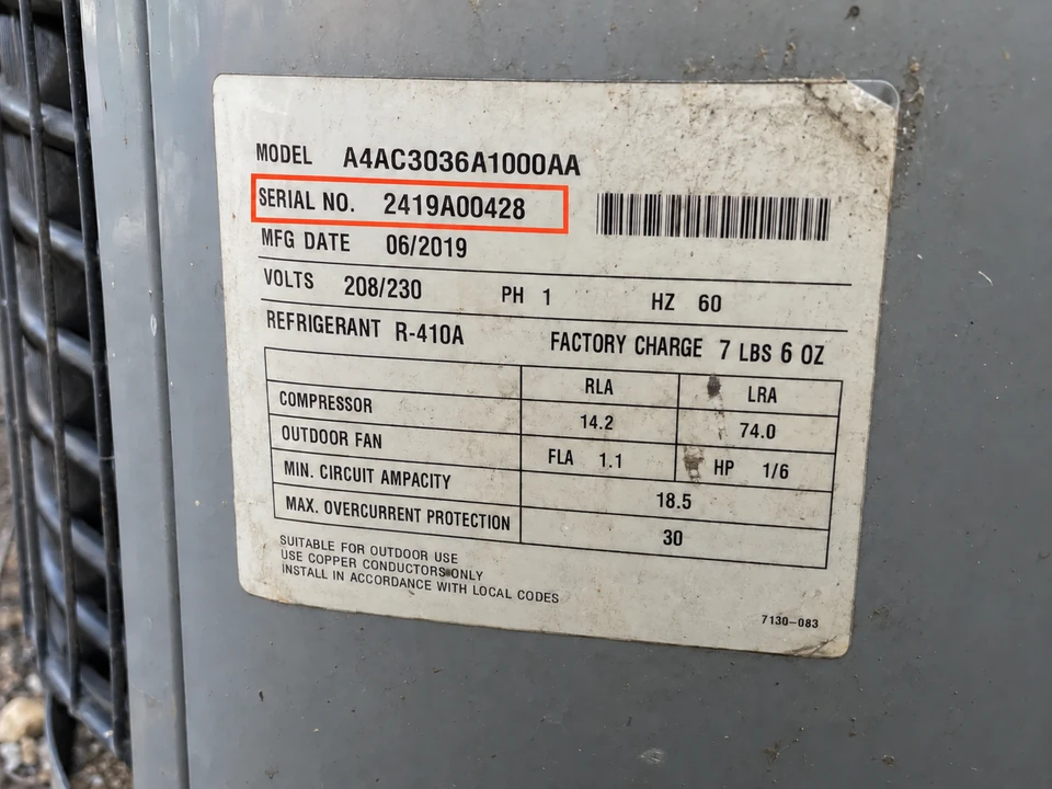 Unbranded HVAC rating plate with the serial-number row highlighted