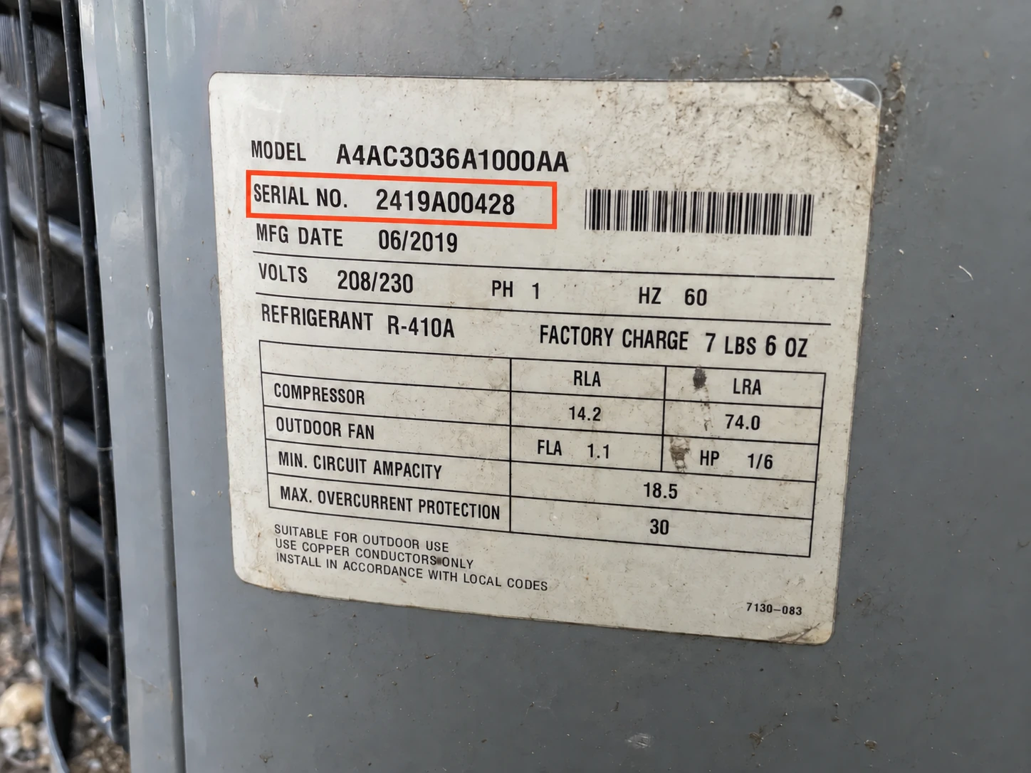 Unbranded HVAC rating plate with the serial-number row highlighted