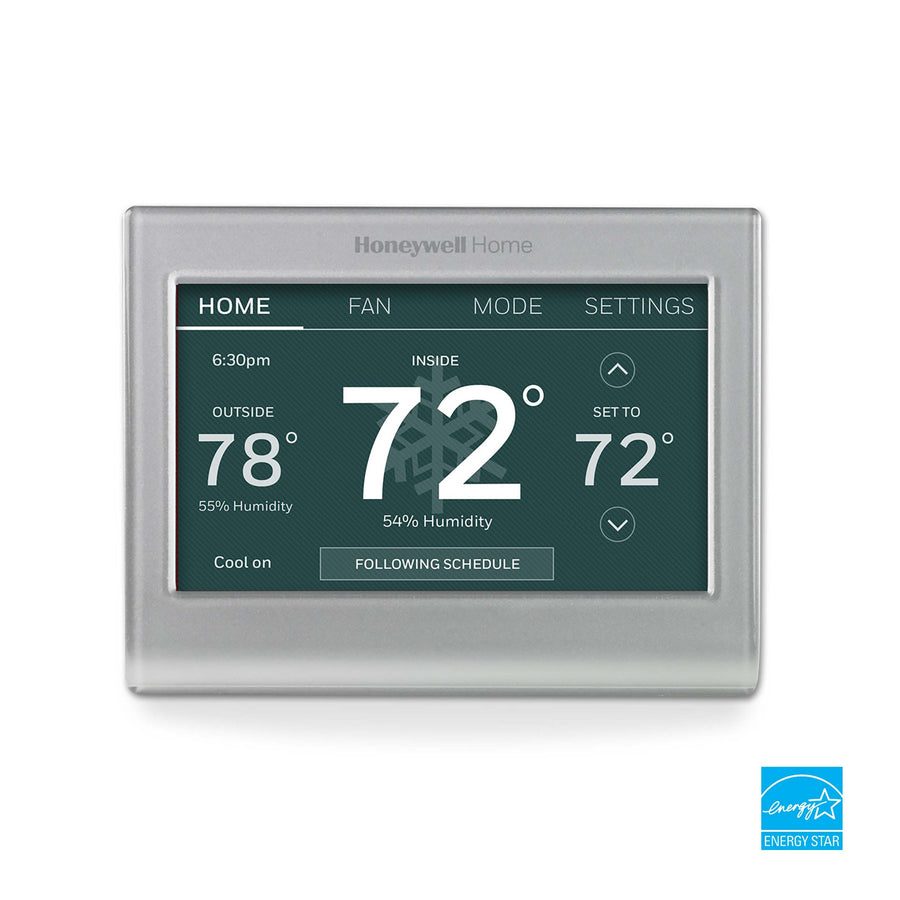Honeywell Home RTH9585WF1004 silver thermostat with color touchscreen and Home, Fan, Mode and Settings controls