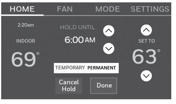 RTH9585WF home-use Hold screen showing Hold Until, Temporary, Permanent, Cancel Hold and Done