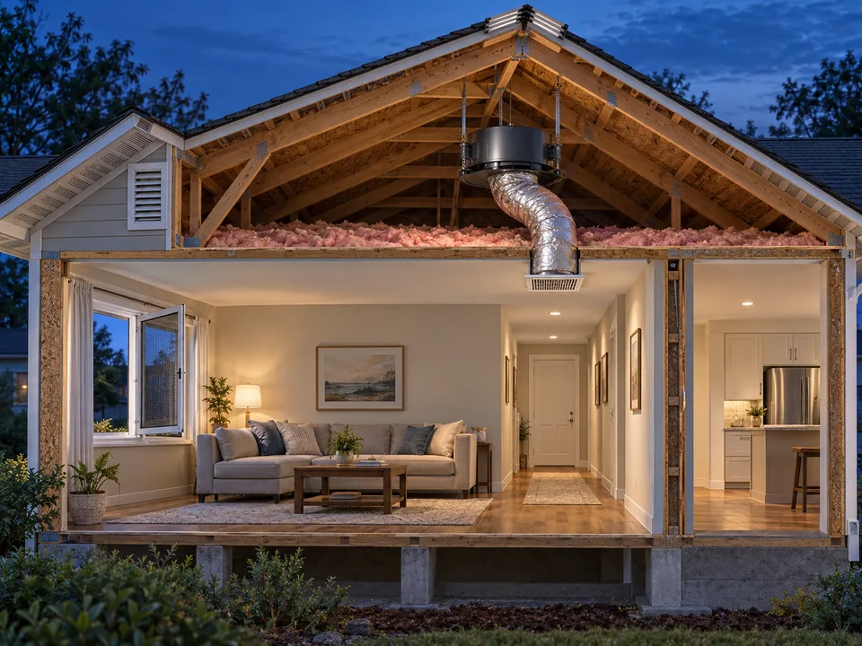 Illustrative house cutaway with an open window and a ceiling intake connected to a whole-house fan in a vented attic
