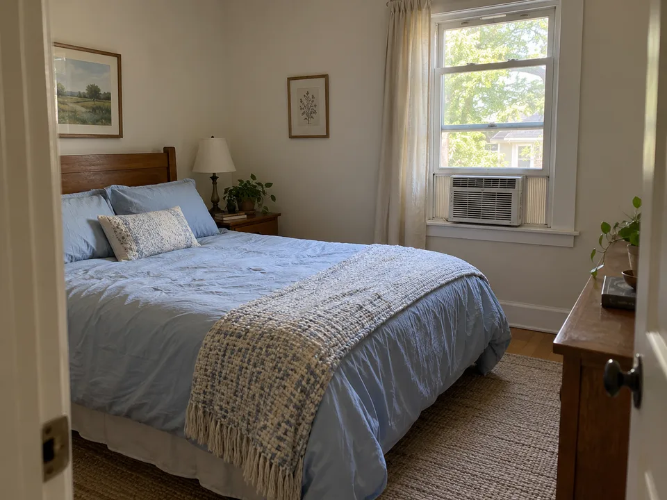 Illustrative single bedroom with a window-mounted room air conditioner